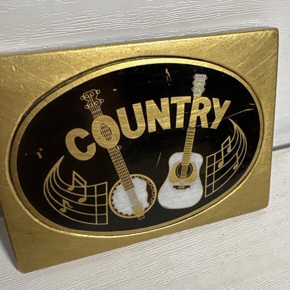 Country Music Belt Buckle Solid Brass With Guitar Banjo Music Notes 3 x 2" - Picture 2 of 6